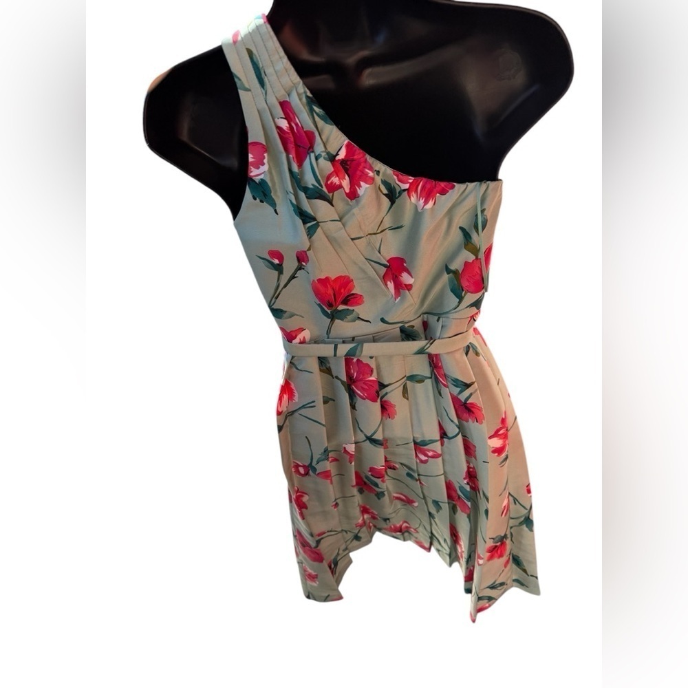 100% Silk Express Green Pink Floral One Shouldered Cocktail Dress size 2 - Picture 5 of 8